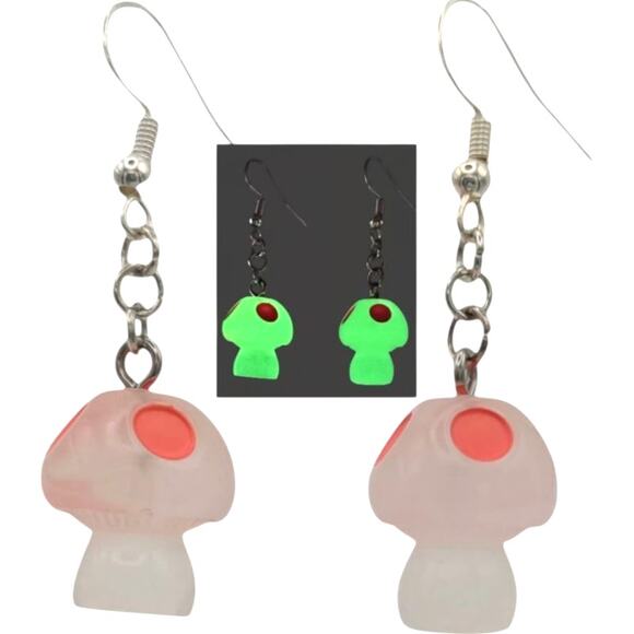 Glow in the Dark Mushroom Earrings Orange – Rave Festival Gamer Style - Picture 1 of 3